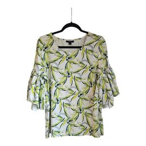 Alfani Womens L Blouse Bell Sleeve Stretch 3/4 Sleeves White/Green Ruffles Scoop